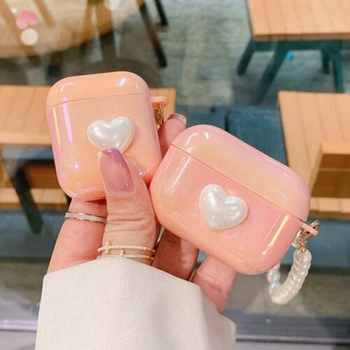 Luxury Glitter Laser with Pearl Bracelet Cover For Apple AirPods 2 1 Pro Cases Soft Heart Earphone Charging Box Protective Case