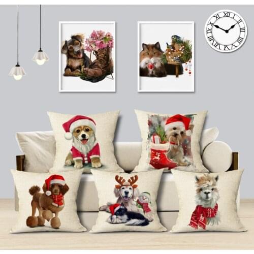 Merry Christmas Pillow Cover Cute Christmas Animals Dog Cat Wear A Hat Printed Decorative Pillows Case for Home Decor