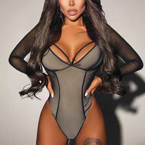 Sexy Black Bodysuit Women V Neck Mesh Long Sleeve Sling Bodycon Bodysuits Party One Piece Outfits Casual Streetwear