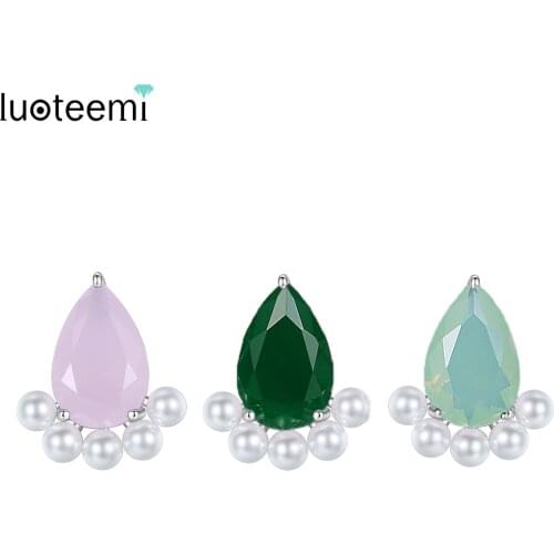 LUOTEEMI 3 Colors Cute Crystal Stud Earrings for Woman Wedding Engagement Fashion Jewelry Simulated Pearl Brincos Christmas Gift