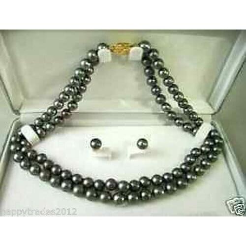 2row 7-8MM Black Freshwater Pearl Necklace Earring Set