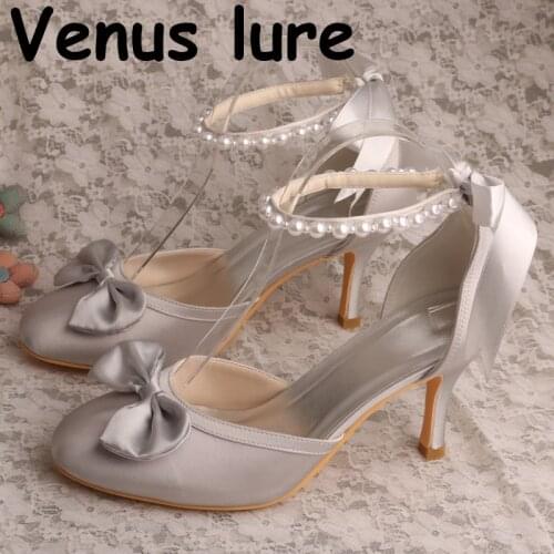 Grey Satin Pumps Cross Tied Ankle Strap Wedding Party Shoes Round Toe