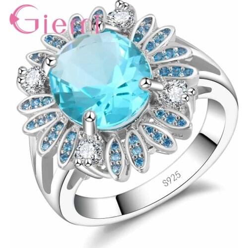 Blue Ocean Crystal Cubic Zirconia Flower Ring 925 Sterling Silver Women Anniversary Wedding Engagement Party Jewelry