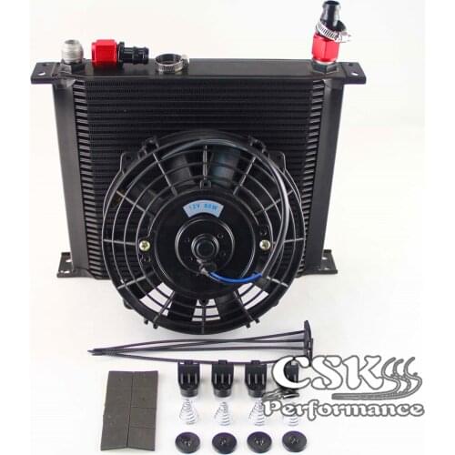 10-AN Universal 34 Row ENGINE Oil Cooler with fittings + 7" Electric Fan Kit Black
