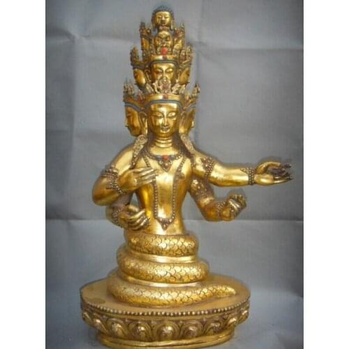 USPS to USA S2434 23" Tibet Tibetan Bronze Gold 5-Heads Snake Naga Kanya Goddess Buddha Statue