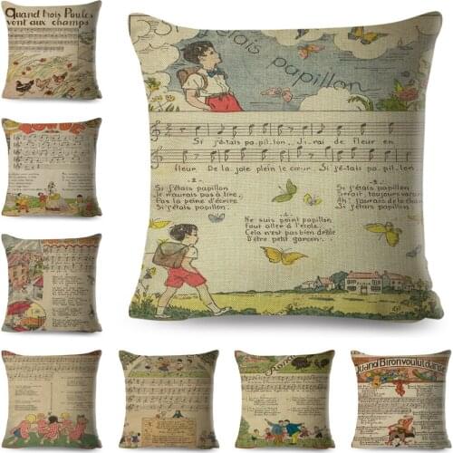 Vintage Children Music Cushion Cover Decor Newspaper Staves Pillow Case for Sofa Home Chair Cartoon Polyester Pillowcase 45x45cm