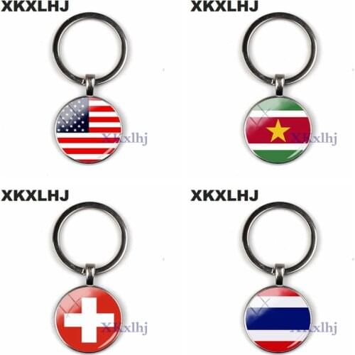 XKXLHJ Fashion Usa American Flag Keyrings For A Woman Bag Surinam Flag Key Chain Women Turkish Flag Glass Cabochon Keychain