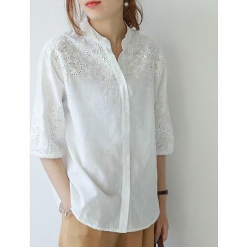 Johnature Women Embroidered Shirt Cotton V-Neck Half Sleeve Solid Color Casual Blouse 2021 Spring Autumn New Loose Simple Shirts