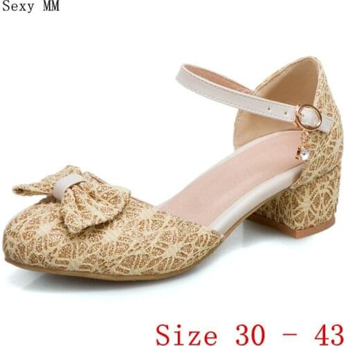 Low High Heels Women Pumps Girl Low High Heel Shoes Mary Janes Woman Shoes Kitten Heels Small Plus Size 30 31 32 33 -40 41 42 43