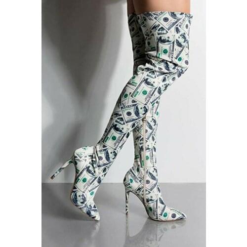 Hundret Dollar Money Print Women Pointed Toe Thigh High Boots Stiletto Big Shoes