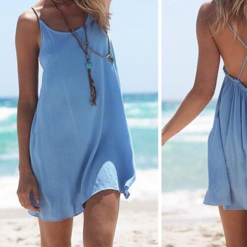 Women Sexy Solid Loose Dress Backless A Line Party Club Beach Dress Sleeveless Casual Dress