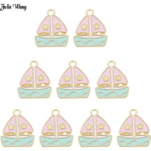 Julie Wang 5pcs Fashion Alloy Enamel Sailing Boat Charms Pink For Women Bracelet Earrings Pendant DIY Accessory 19*16mm