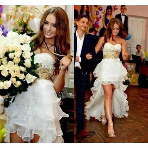 Gold Beaded High Low Wedding Dresses 2020 sweetheart Modest Vintage Ruffles Skirt Country Beach Short Reception bridal Gown