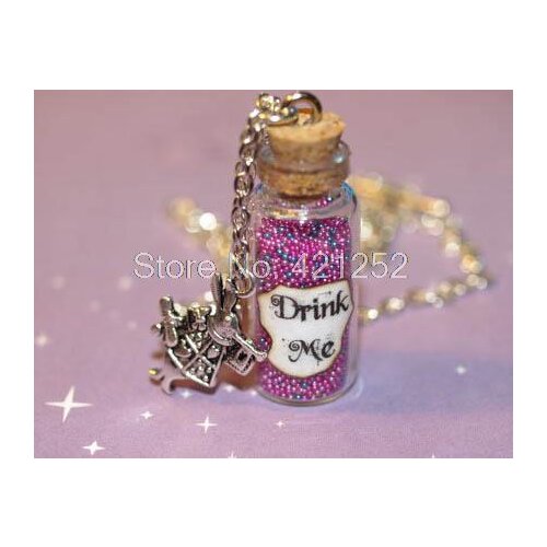 12pcs Alice in Wonderland Drink Me Bottle Necklace in Psychedelic with a Rabbit Charm necklace