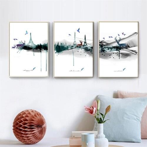 Watercolor Deer Paris Landscape Nordic Poster Abstract Painting Coffee Wall Art Canvas Prints Wall Pictures for Living Room