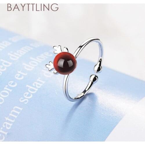 BAYTTLING 925 Sterling Silver Red Antlers Round Open Ring For Women Fashion Jewelry Couple Ring Gift