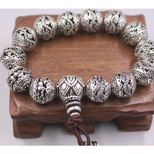 New Pure 990 Fine Silver Bracelet Width 14mm Dragon Pattern Beads Link Chain Diameter 55-60mm About 71g