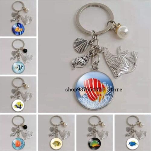 New marine life fish key chain 25mm glass dome key chain shell conch sea fish pendant key chain car bag pendant jewelry