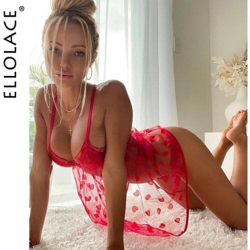 Ellolace Sexy Lace Polka Dots Sleepwear Home Clothes Transparent Night Dress Women Red Nightie Sleep Nightdress Home Wear