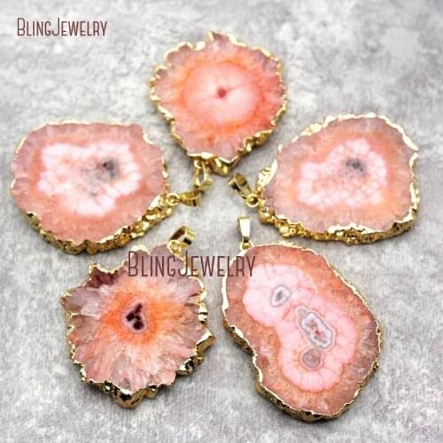 Freeform Stalactite Pendant Coral PinkDruzy Pendant Gold Dipped Slice Crystal Pendant Gold Electroplated Pendant PM20678