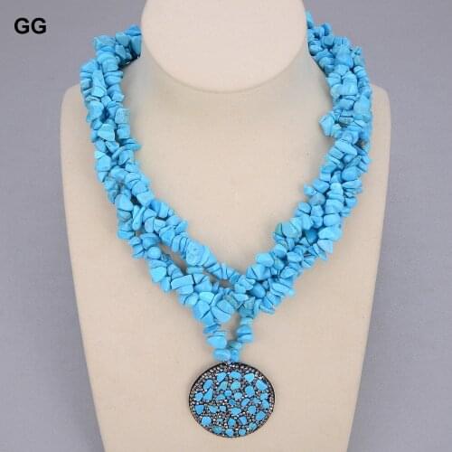 GG Jewelry 19'' 4 Strands Faceted Blue Turquoises Chips Choker Black CZ Pendant Necklace Ethnical For Women Lady Jewelry