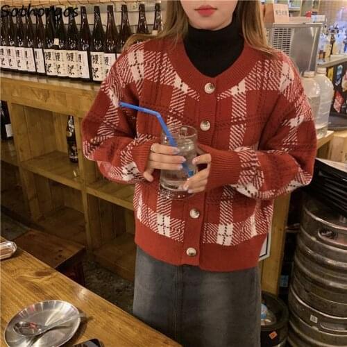 Women Cardigan Plaid Red Retro Hong Kong Style Outwear V-neck Single Breasted Ulzzang Loose All Match Fashion Leisure Chic Tops