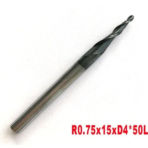 1PC HRC55 R0.75*D4*15*50L*2F Tungsten Solid Carbide Coated Tapered Ball Nose End Mills Taper and Cone Endmills