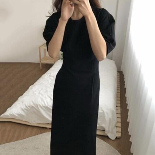 Korean Chic Minimalist Temperament Round Neck High Waist Slim Slimming Puff Sleeve Mid-Length Split Dress