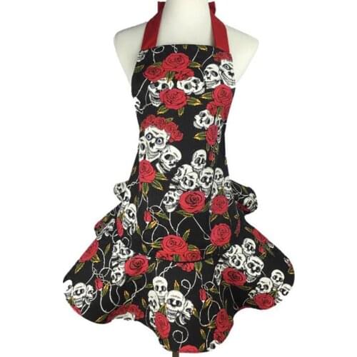 Retro Fancy Cotton Kitchen Apron with Rose Flowers & Skull Head Pattern, Vintage Baking Cooking Aprons Dress for Women Lady