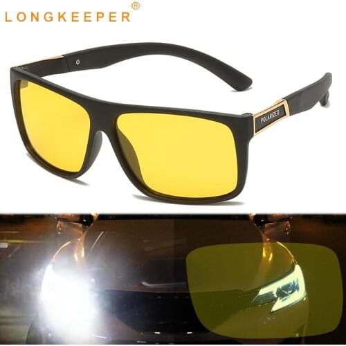 LongKeeper Night Vision Goggles Men TR90 Square Sunglasses Anti-glare Car Driving Sun Glasses Male Yellow Lens Oculos UV400