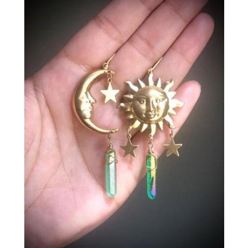 Raw Quartz Crystal Crescent Moon Earrings with Sun,moon and Star Charms,celestial Sun Earrings, Star Earrings, Moon Earrings