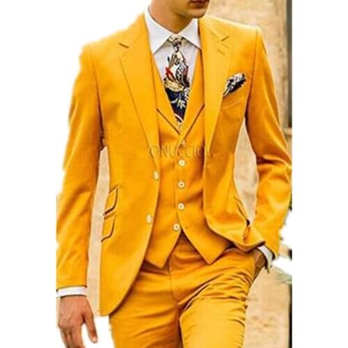 New Formal Business Groom Tuxedo Yellow Cotton Blended Wedding Suits for Men Slim Fit 3 Pieces Suits (Jacket+Vest+Pants)