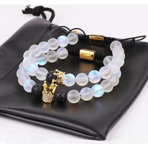 New design AB Frost Crystal Beads CZ Crown Queen Charm Beads Men Macrame Lovers Bracelet Women