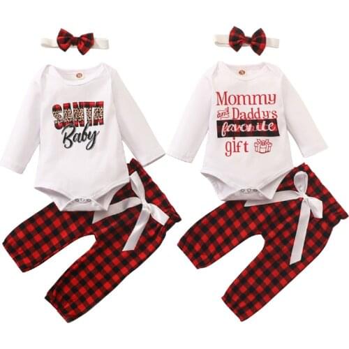 2020 Fall Christmas Toddler Girls Clothing Set Newborn Infant Long Sleeve Letter Print Bodysuit + Plaid Pants + Headband 0-24M