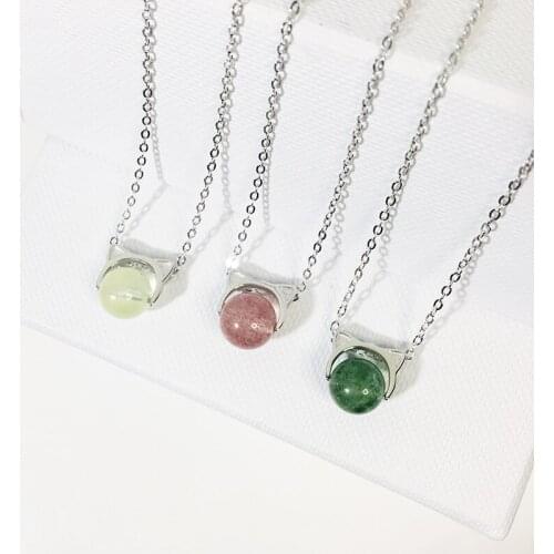 S925 sterling silver strawberry crystal cat necklace cute Sen natural pink crystal kitten clavicle chain girl wedding necklace