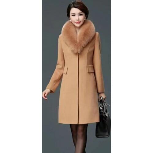 Fashion Women Long Coats Faux Fur Collar Wool Blends Plus Size Office Ladies Vintage Overcoat Winter Jackets Parka Outerwear