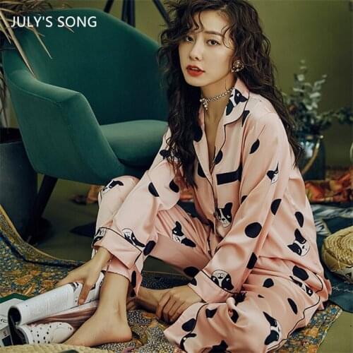 JULYS SONG Black Polka Dot Pajamas Set Woman Faux Silk Retro Sleepwear 2 Pieces Loose Casual Spring Long-sleeved Suit Homewear