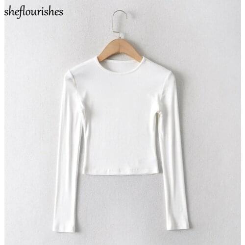 Casual T shirt women long sleeve shirts 2021 spring knitted shirt korean o neck slim crop t shirt basic elegant shirts elastic