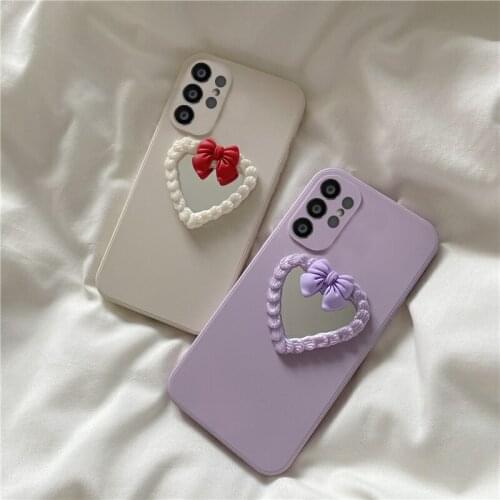 Luxury Cream Heart Mirror Bowknot Shockproof Phone Case For Samsung S20 S21Plus Ultra Note8 Fashion Silicone Protection Cover