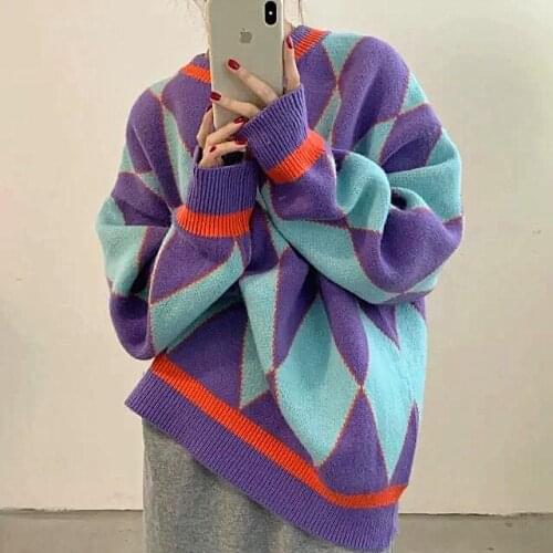 Geometric pattern Argyle pullover winter and autumn loose O-neck knitted sweater Korean style ladies pullover sweater NS18