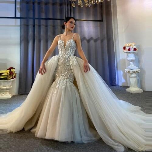 Luxury Bridal Wedding Dresses With Detachable Overskirt 3D Flower Lace Straps Wedding Dressing Gowns Extra Puffy
