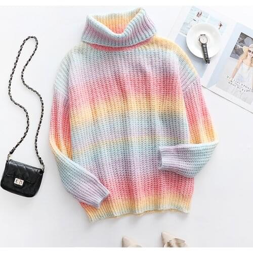 Rainbow Striped Turtleneck Womens Sweaters Tie Dye Colorful Winter Pullover Knitted Casual Oversized Jumper Tops Woman 2021