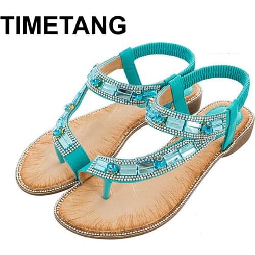 TIMETANGLadies Summer Shoes Bohemian Style Blue Red Fashion Sandals Women Lattice Stripe Flat Sole Beach Shoes Zapatos De Mujer