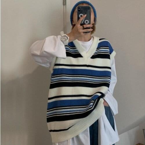 V-neck Knitting Tops Autumn 2021 Oversize Striped Sweater Vest Women Preppy Loose Sleeveless Pullover Knit Clothing U102
