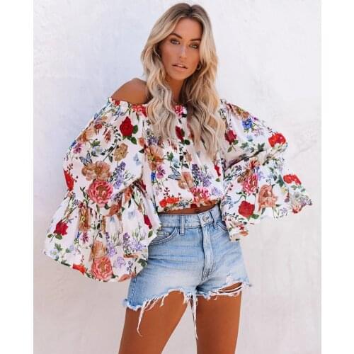 Boho happie Women Floral Print bohemian off-shoulder batwing Sleeves tops blouse shirt Ladies rayon shirts Blusas