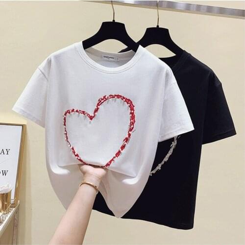 2021 Summer Tops Love beading Tshirt T-Shirt Casual Tee Shirt Femme Korean Cotton Short Sleeve Black White T Shirt Women Clothes