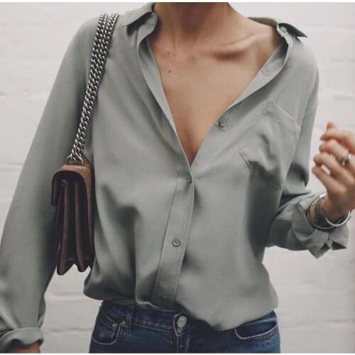 Women Silk Satin Long Sleeve Solid Color Blouse Shirt