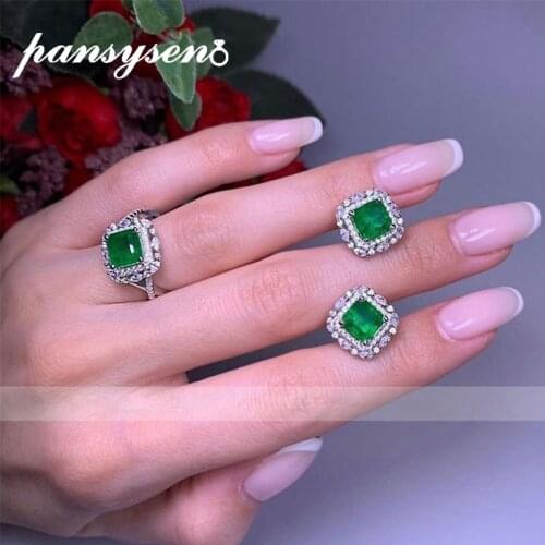 PANSYSEN 100% 925 Sterling Silver Emerald Gemstone Simulate Moissanite Earrings Ring Wedding Anniversary Jewelry Sets Wholesale