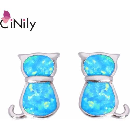 CiNily Created Blue Fire Opal Silver Plated Wholesale Lovely Cute Cat for Women Jewelry Stud Earrings 11mm OH2996
