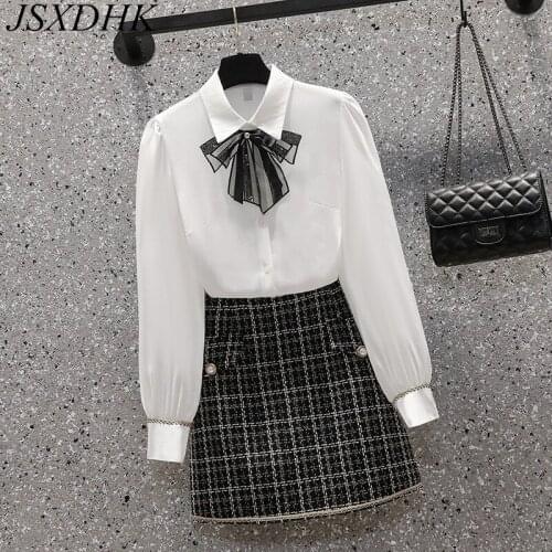 JSXDHK Autumn Plus Size Two Piece Set New Women Sequined Bowknot Chiffon White Shirt Tops + Tweed Plaid A Line Skirts Suit M-4XL